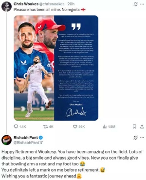 Rishabh Pant's Witty Retirement Wish to Chris Woakes Goes Viral, Recalling Injury Link
Hoặc
Pant's Humorous Salute to Woakes' Retirement: A Viral Nod to Foot Fracture Incident
