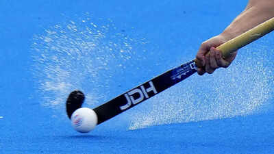 Hockey action shot from above.