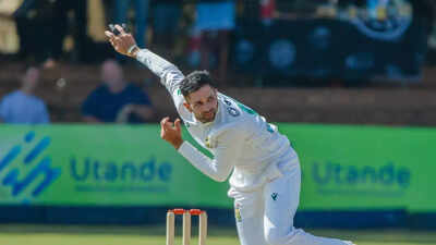 Keshav Maharaj celebrates a crucial wicket against Zimbabwe.